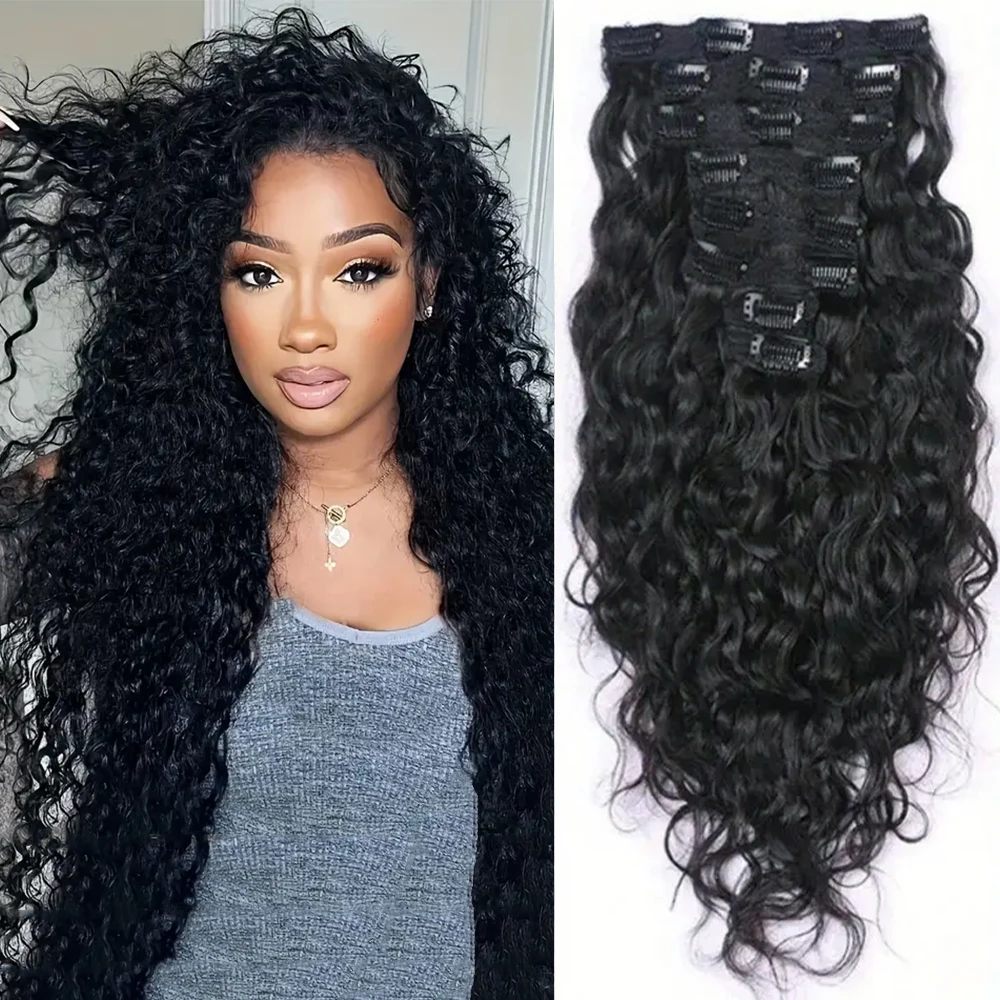 

Заколки для наращивания волос Water Wave, человеческие волосы для женщин, 8 шт., 20 зажимов, 120 г, бразильские волосы, натуральные волнистые зажимы, 10-26 дюймов, черные