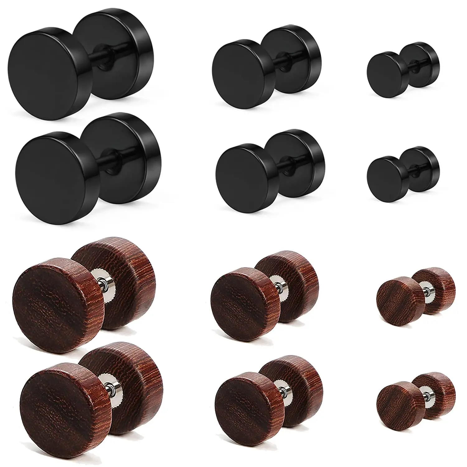 1 Pair 16G Stainless Steel Wood Cartilage Ear Piercings Helix Tragus Barbell Stud Earrings Plugs Tunnel for Men Women 6-10mm