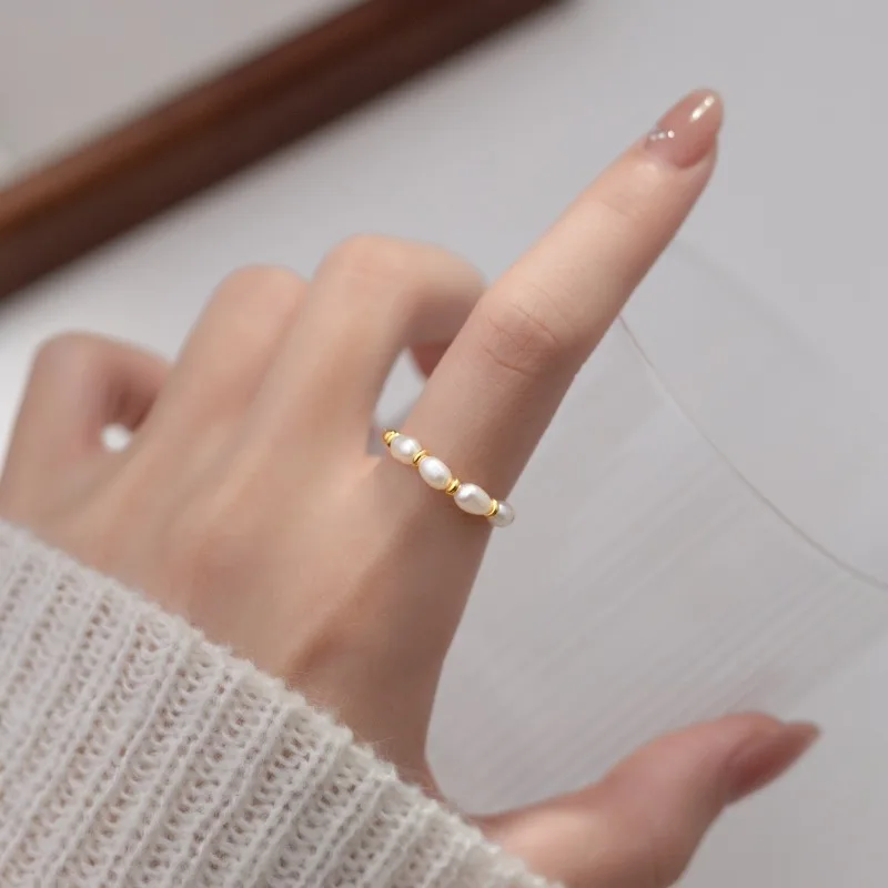 Minar Textured Rice Freshwater Pearl Copper Bead Strand Elastic Wedding Bands for Women 14K Gold Silver Plated Finger Rings