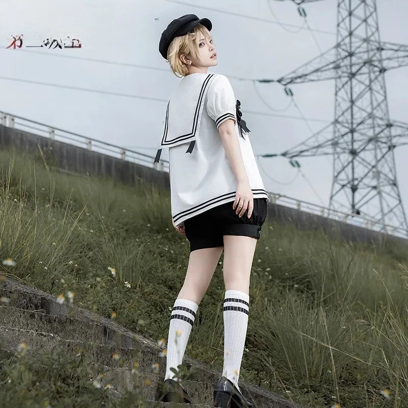 Conjunto de Uniforme Escolar Gótico Japonés Original en Blanco y Negro, Estilo Marinero, con Blusa de Manga Larga/Corta, Corbata de Lazo y Pantalones Cortos
