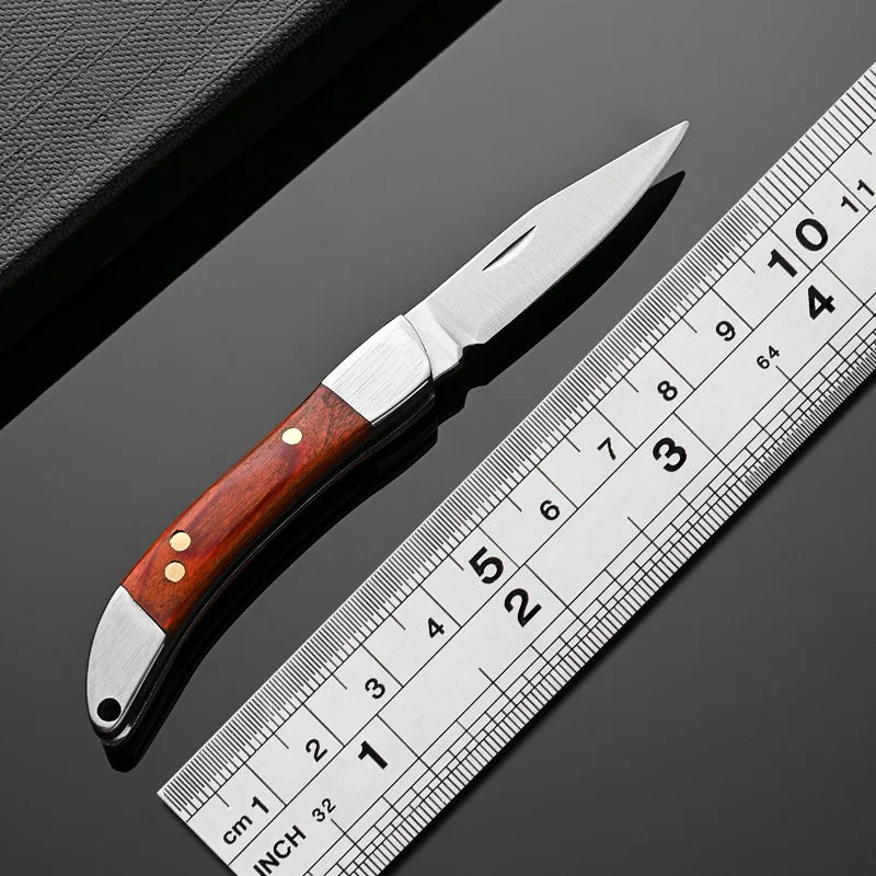 Outdoor Camping Portable Pocket Mini Folding Knife Stainless Steel Blade Wooden Handle Keychain Knife EDC Tool For Survival