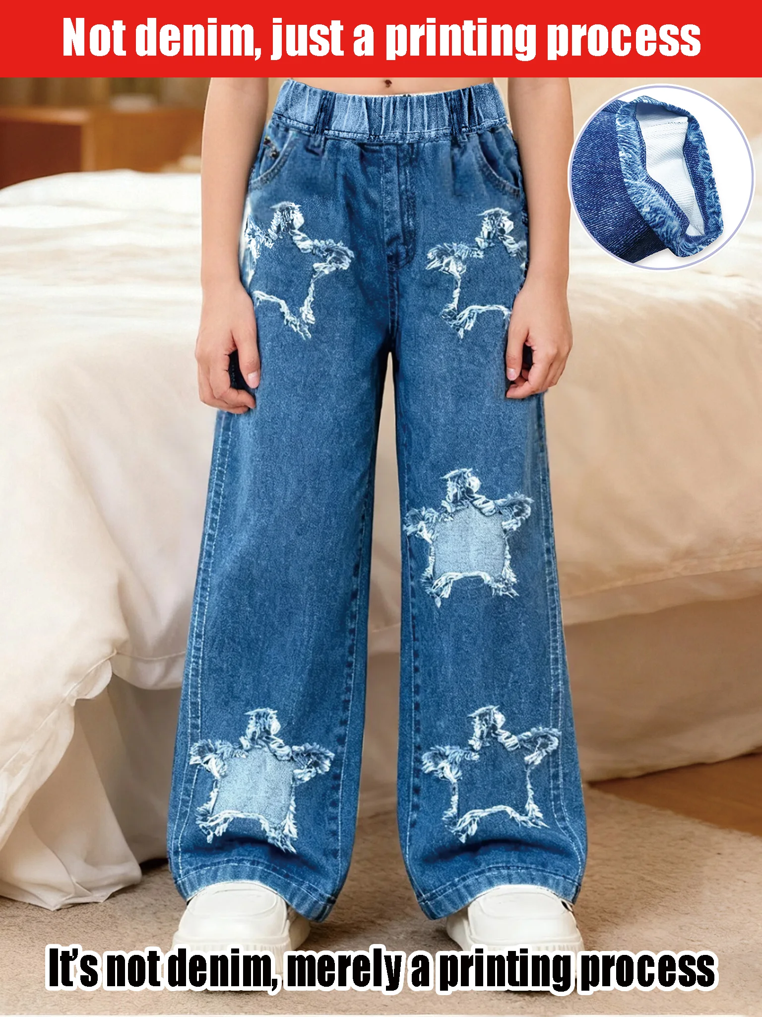 

2025 Girls Comfortable Soft Fabric Wide-leg Pants, Casual Daily Versatile Style, Star Element Printed Imitation Denim Trousers