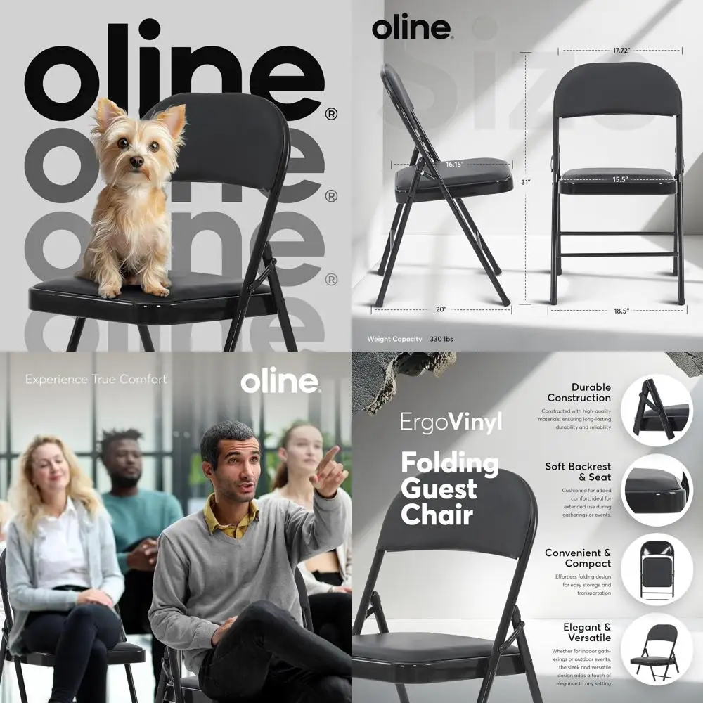 

Складные стулья с мягким виниловым покрытием и металлическим каркасом для использования в помещении/на улице, грузоподъемность 300 фунтов, черные (2 шт.)