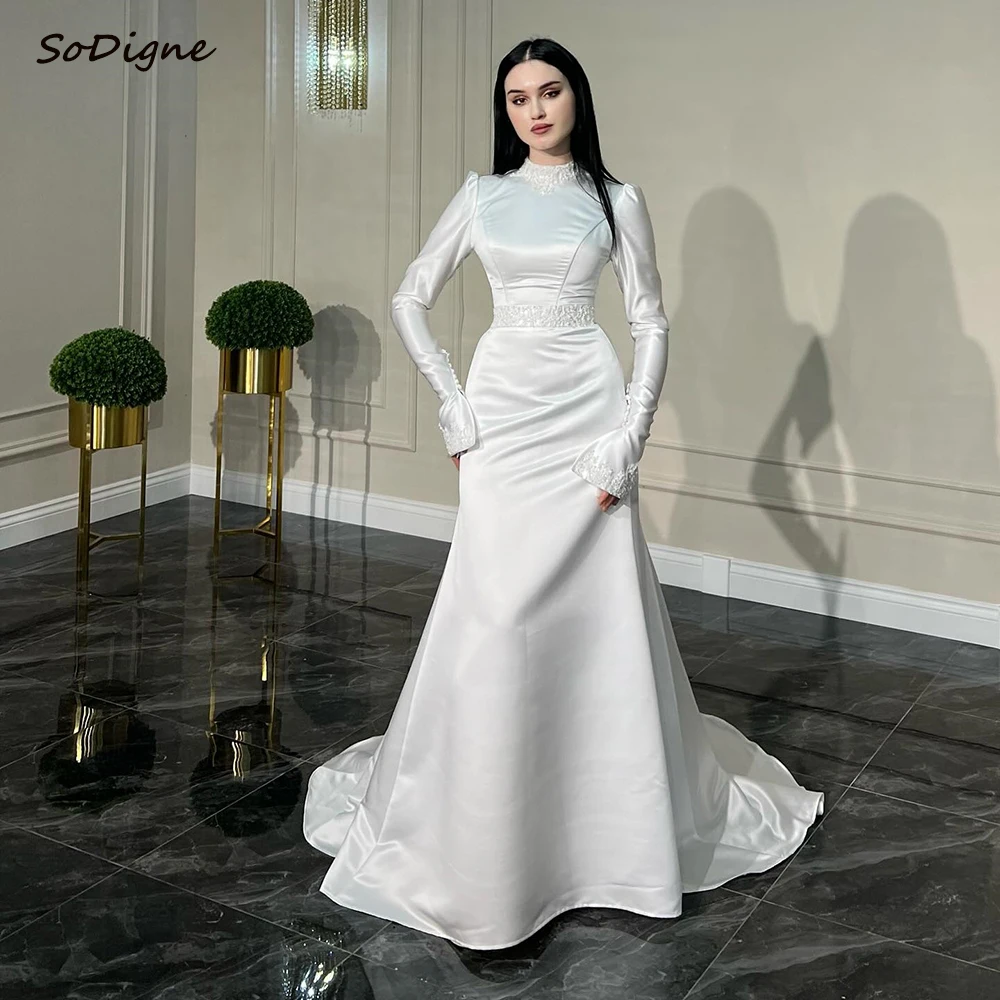 

SoDigne Mermaid Muslim Wedding Dresses Satin High Neck Full Sleeves Bridal Dress Beach Wedding Gown Robe De Mairee ﻿Customized