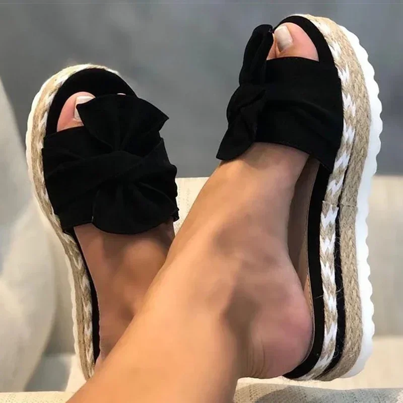 Trendy Thick Bottom Slippers 2024 Summer New Fabric Bow Decoration Simple One Line Versatile Women's Daily Slippers Platform