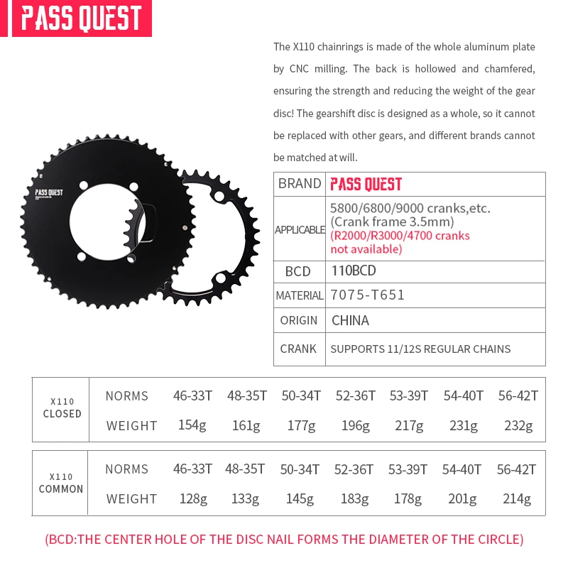 PASS QUEST BCD110 DA9000 5800 6800 2X Sprocket AERO crankshaft set Round black 9-12 speed Road bike Gravel bike 46T 48T 50T 52T