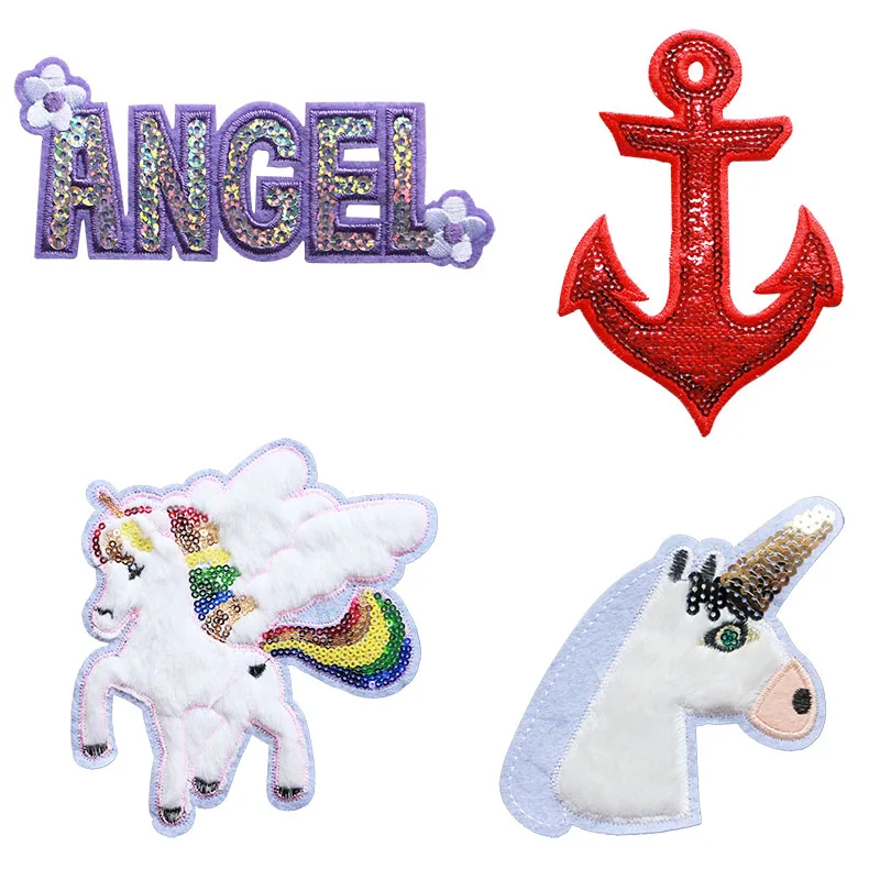 Fashion Lovely Embroidery Sequin Single Horned Horse Purple British Style, Red Anchor Patch DIY Badge Children's Casual Dress