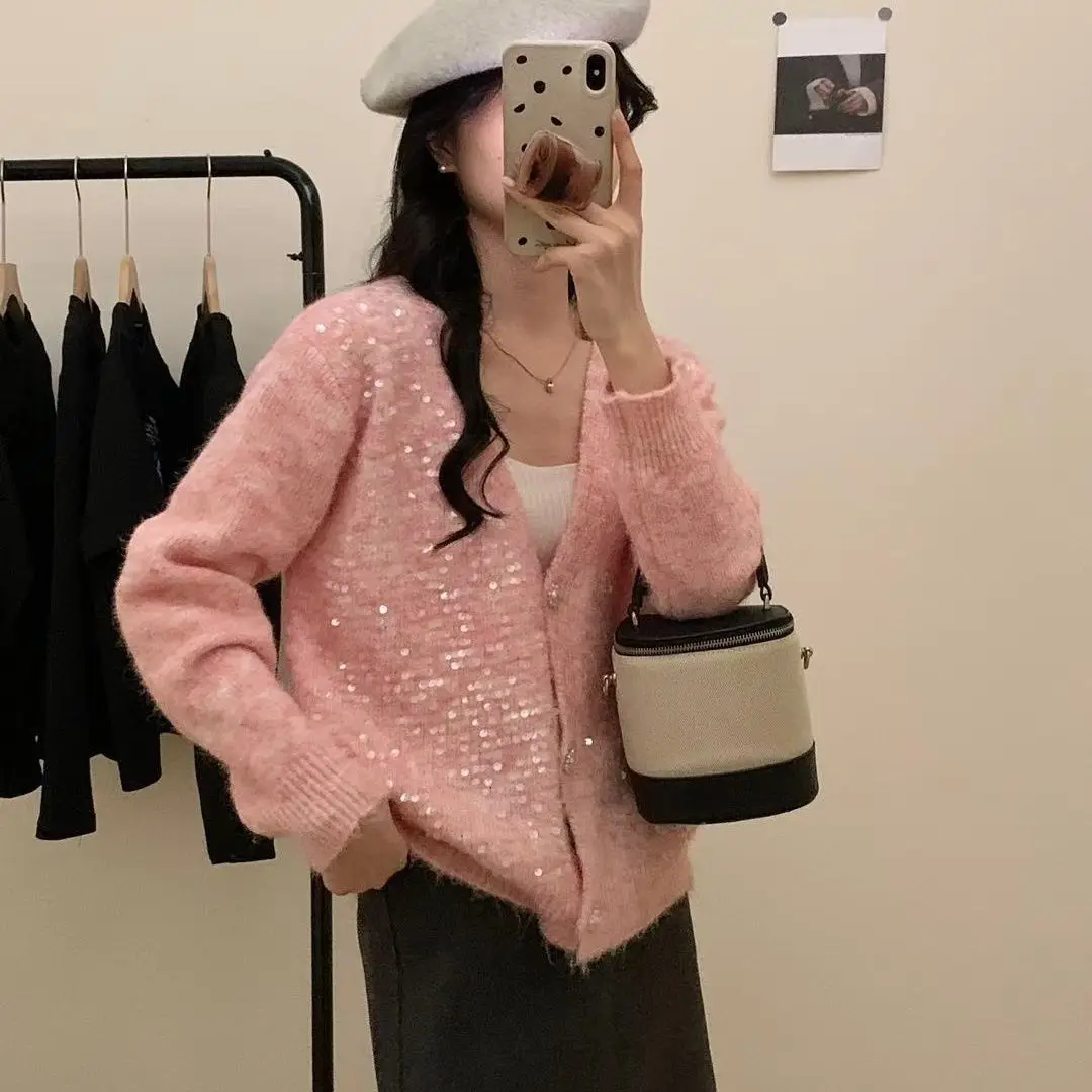 

Вязаный открытый кардиган с блестками Ele, свободный длинный свитер свека, верхняя одежда, подходит для маленького роста, Street Sle Early