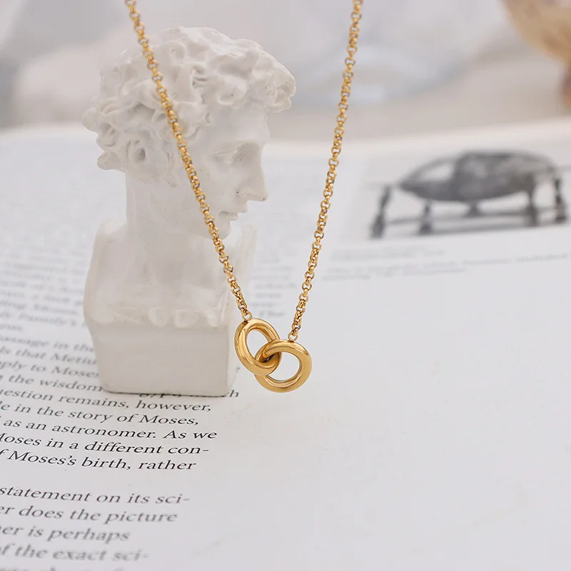 NS Geometric Double Rings Pendant Necklace for Girls Couples Stainless Steel 18K Gold Plated Ring Charms Collar Jewelry Gift