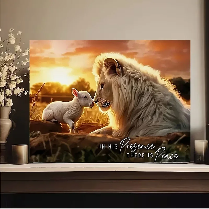 Multiple sizes 1pc frameless Canvas Painting,Christian Lion Lamb There Is Peace Religious Church Poster and Prints Canvas Painti