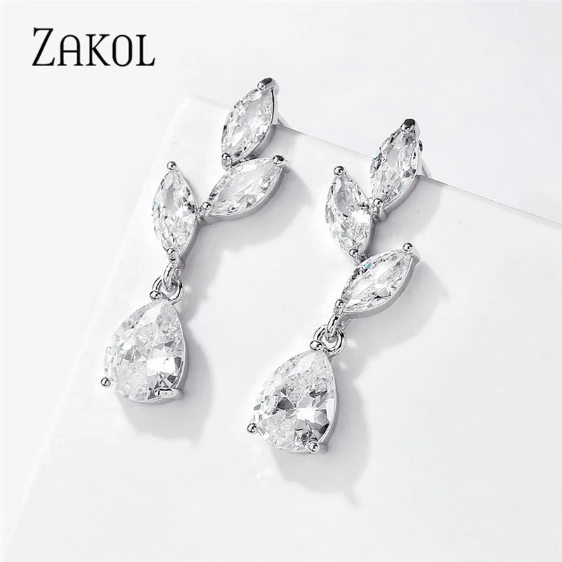 ZAKOL White Color Flower Shape Zircon Water Drop Crystal Pendant Dangle Earrings For Women Bridal Wedding Jewelry EP2469