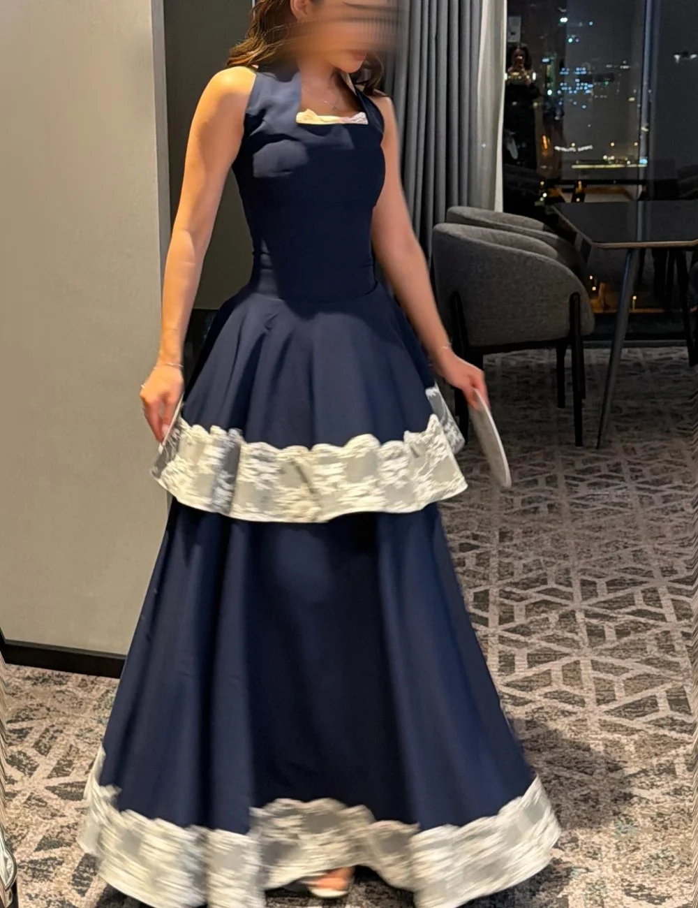Customized Navy Blue Jersey Exquisite Classic Lace Tiered A-line Halter Long Dresses Evening Dresses Sizes Available Fashion