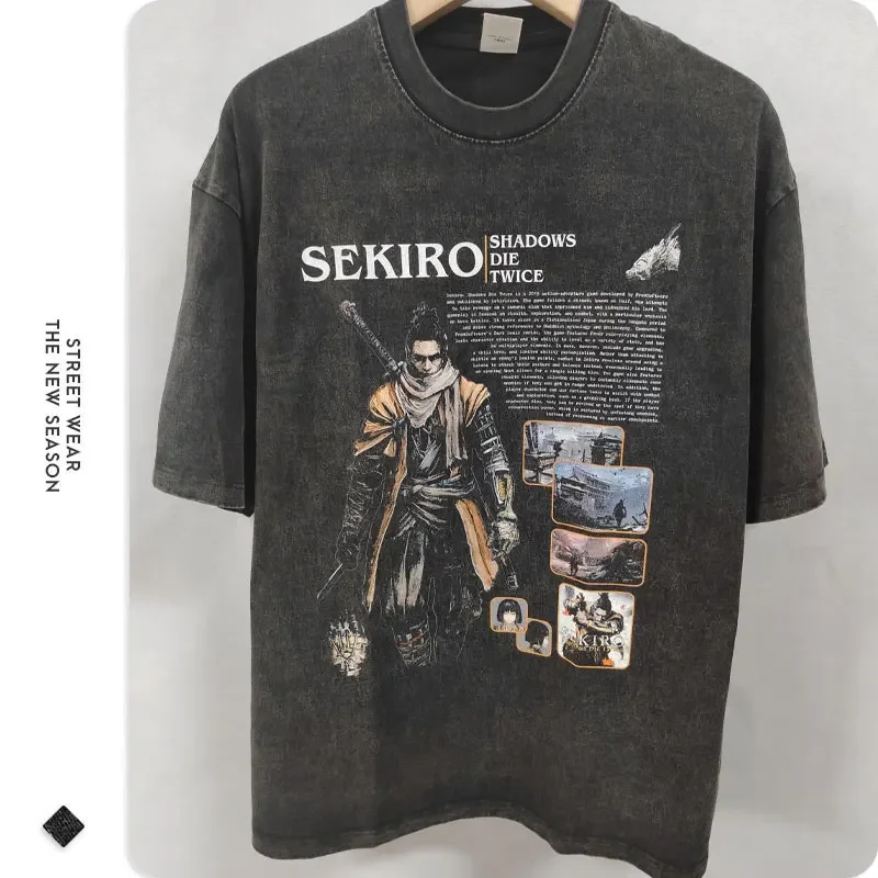 Sekiro Wolf T Shirt Hip Hop PC Game Vintage Washed Tops Tees Oversized Short Sleeve T-Shirt Retro Sweatshirts Man 100% Cotton