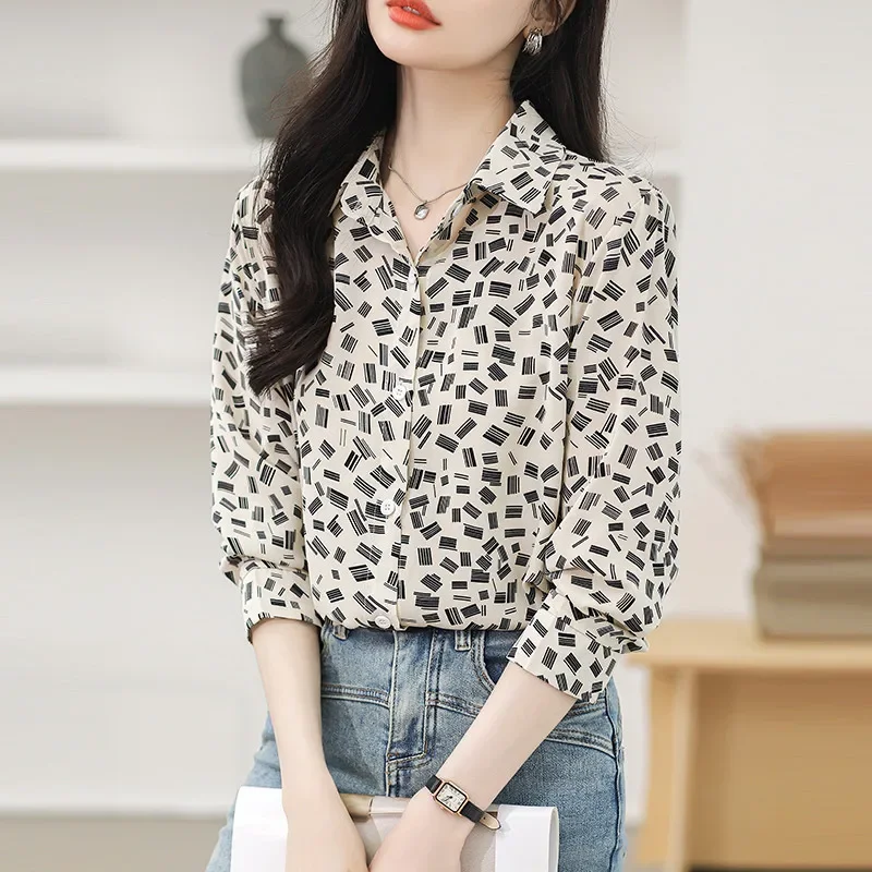 Retro Long Sleeve Printed Shirt Fashion Korean Casual Office Lady Tops Women's Clothing