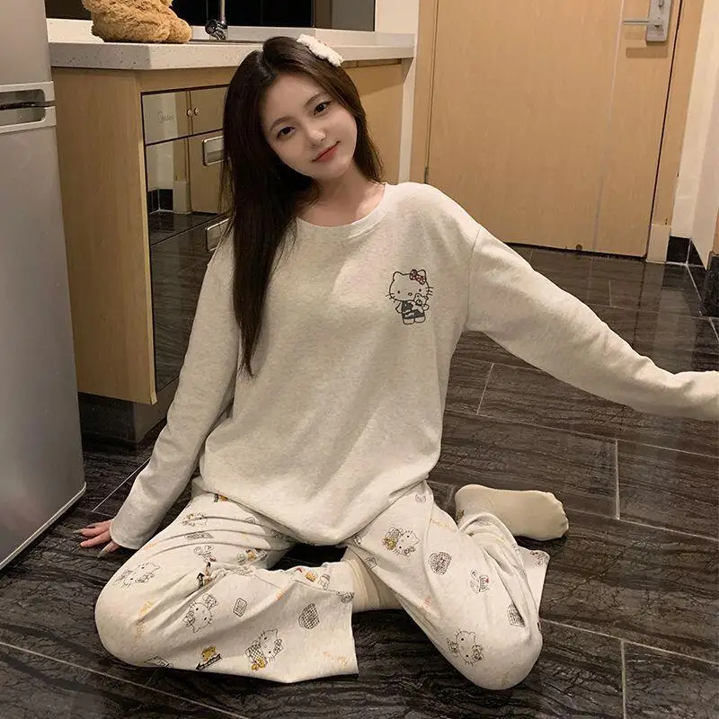 حار أنيمي مرحبا كيتي جديد المرأة منامة في سن المراهقة ملابس كاجوال الكرتون القط Kawaii نمط ملابس المنزل الفتيات طويلة الأكمام بنطلون