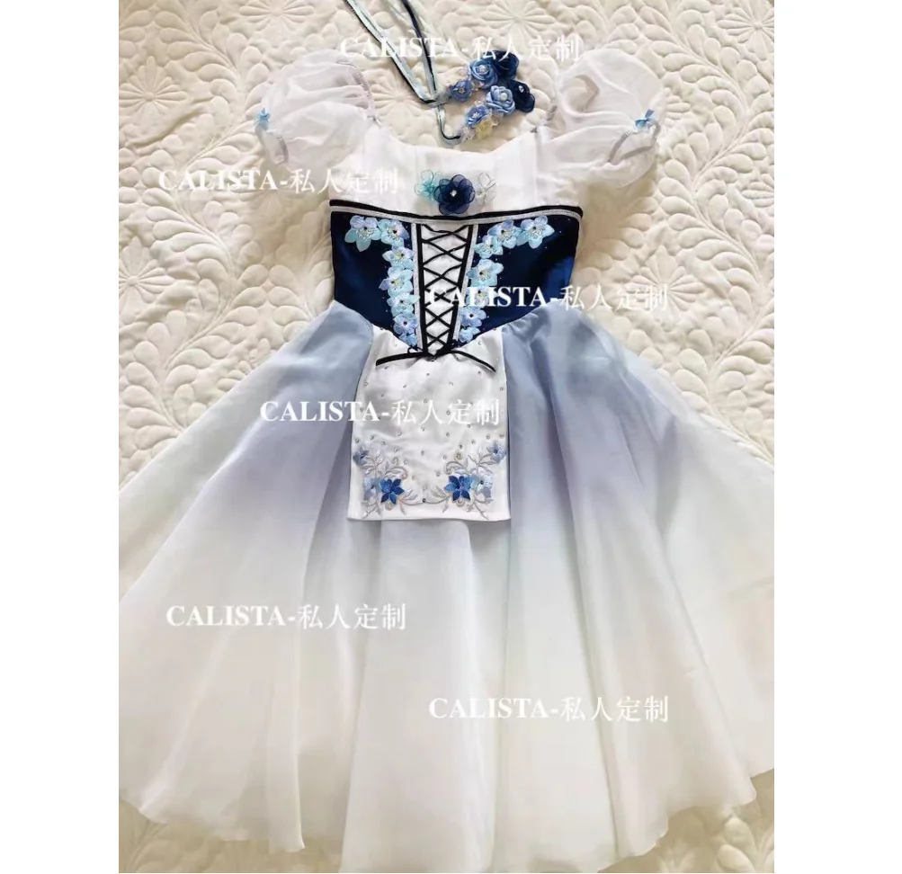 New design can not close the daughter tutu Gabelia variation blue gradient embroidered floral long gauze dress