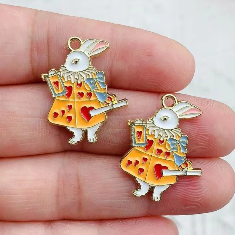 10pcs Enamel Alice Series Charms Girls Clock Rabbit Charms Pendants For Jewelry Earrings Necklace Alloy Accessories Golden Color