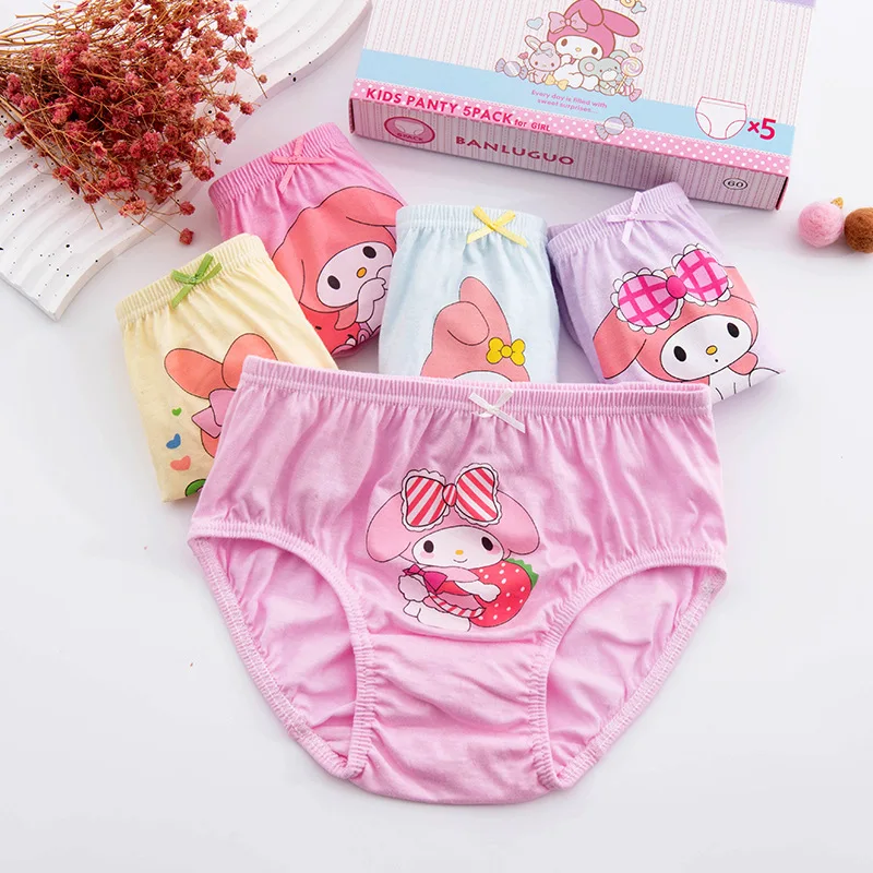 5Pcs My Melodys Children Briefs Kawaii Anime Kuromis Cinnamoroll Student Purified Cotton Breathable Antibacterial Underwear Girl