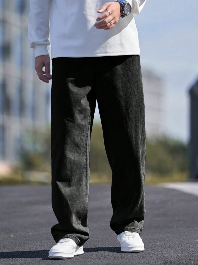 بنطال جينز رجالي فضفاض كاجوال بأرجل مستقيمة مع جيوب مائلة، مناسب لجميع المواسم ومصنوع من القماش الناعم #6