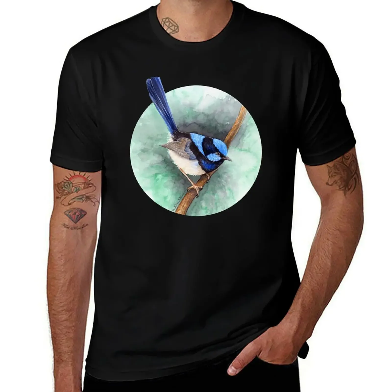 Superb Blue Fairy-Wren by Nadya Neklioudova T-Shirt funny meme t-shirts sweat Men's cotton t-shirt