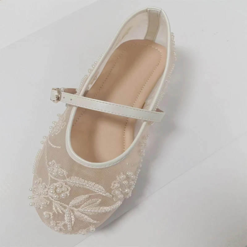 Women Design Street Style Embroidery Flowers Mesh Buckle Strap Flat Heels Pumps Casual Ballet Party Mary Jane Shoes Lady Sandals