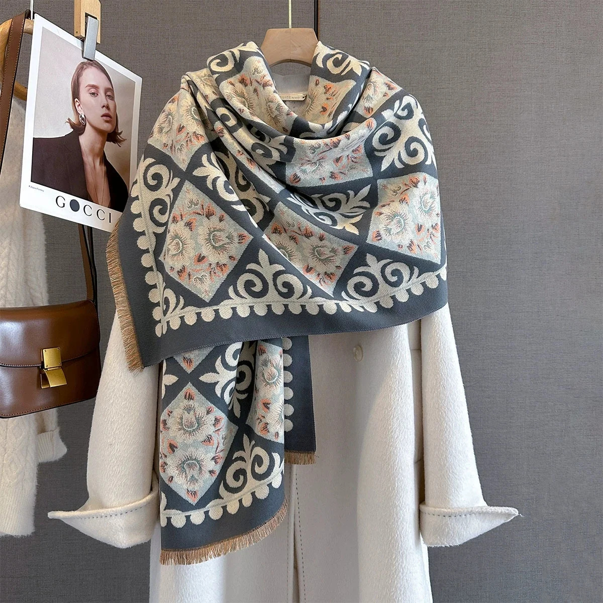 

New Women Double Sided Print Scarf Imitation Cashmere Soft Warm Pashmina Shawl Autumn Winter Coldproof Windproof Blanket Scarf