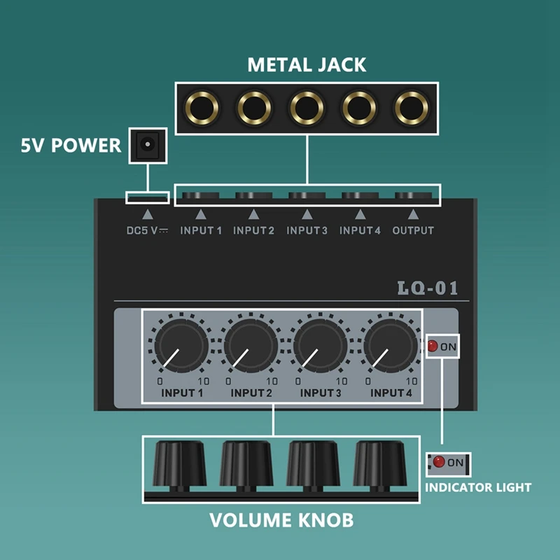 LQ-01 4-kanaals mixer 4 ingangen 1 uitgang DC 5V draagbare mini-audiomixer 4 kanalen mixers mengpaneel