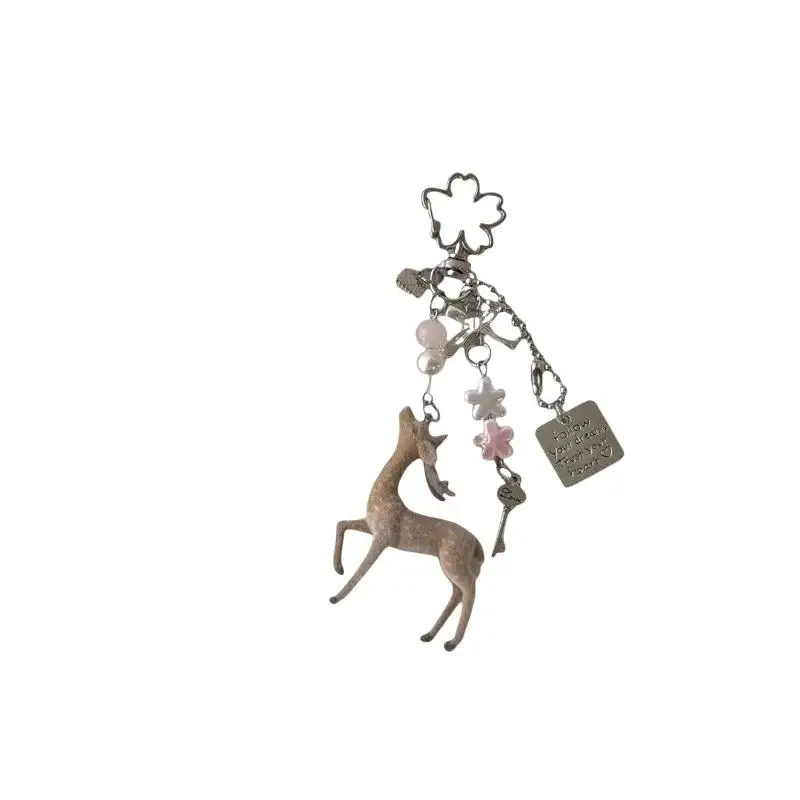 Niedlicher beflockter Hirsch-Schlüsselanhänger mit Perlen-Schleifenblumen-Anhänger, robustem Verschluss, tragbarer Anhänger für Tasche, Rucksack, tägliche Dekoration. – Detail 6