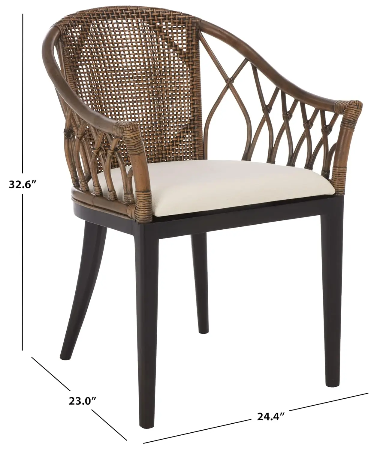#Brown Rattan Arm Chair with Ivory Cushion Coastal Modern
