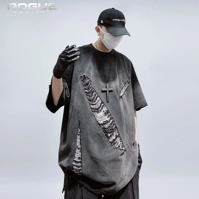 Summer Retro Y2K Grunge Washed Distressed T-Shirt Men Oversized Hip Hop Streetwear Punk Ripped Short Sleeve Casual Tops Unisex