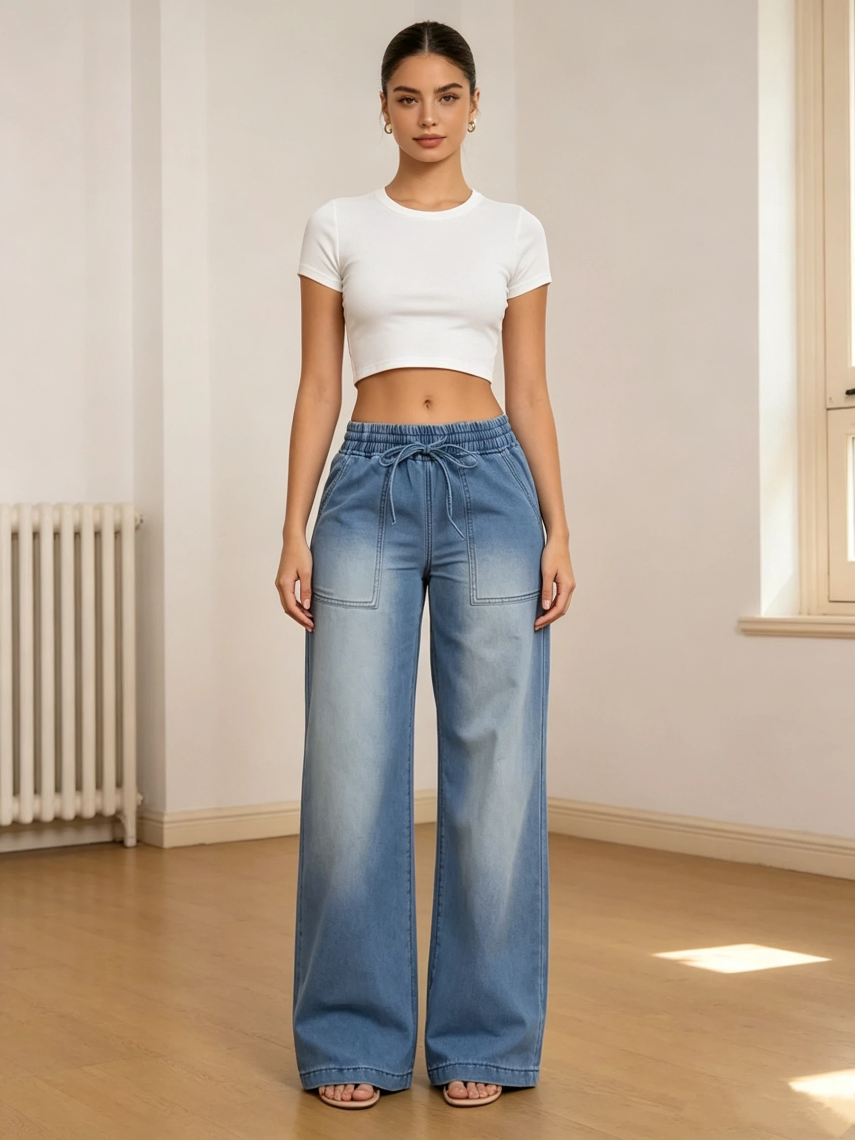 Elastic Waistband Drawstring Jeans with Pocket Elastic