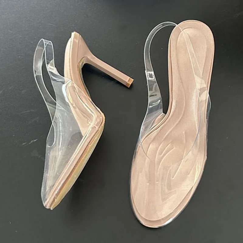 

Aneikeh Round Head Fashion PVC Transparent Women Slingback Pumps Shallow Mules Shoes Sexy Stripper Party Thin High Heels Sandals