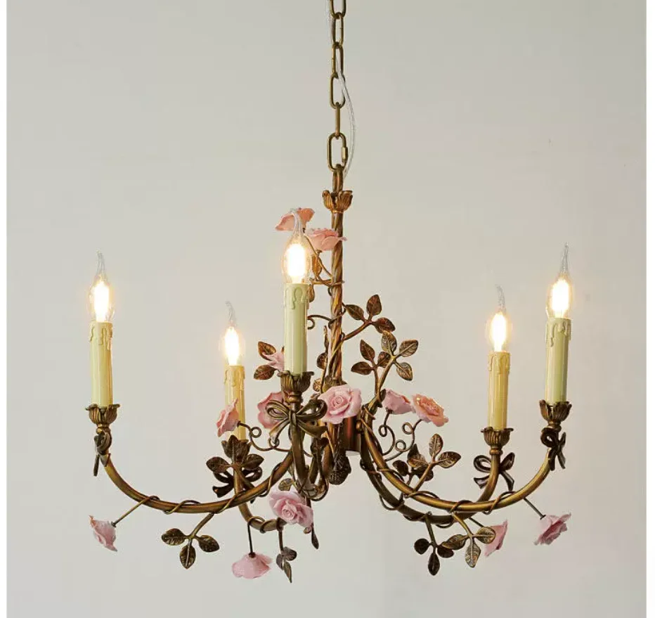 European Copper Ceramic Roses Chandelier lamp Lustre Copper Color Pendant Pink Rose Flower Light Fixture E14 Decoration Design