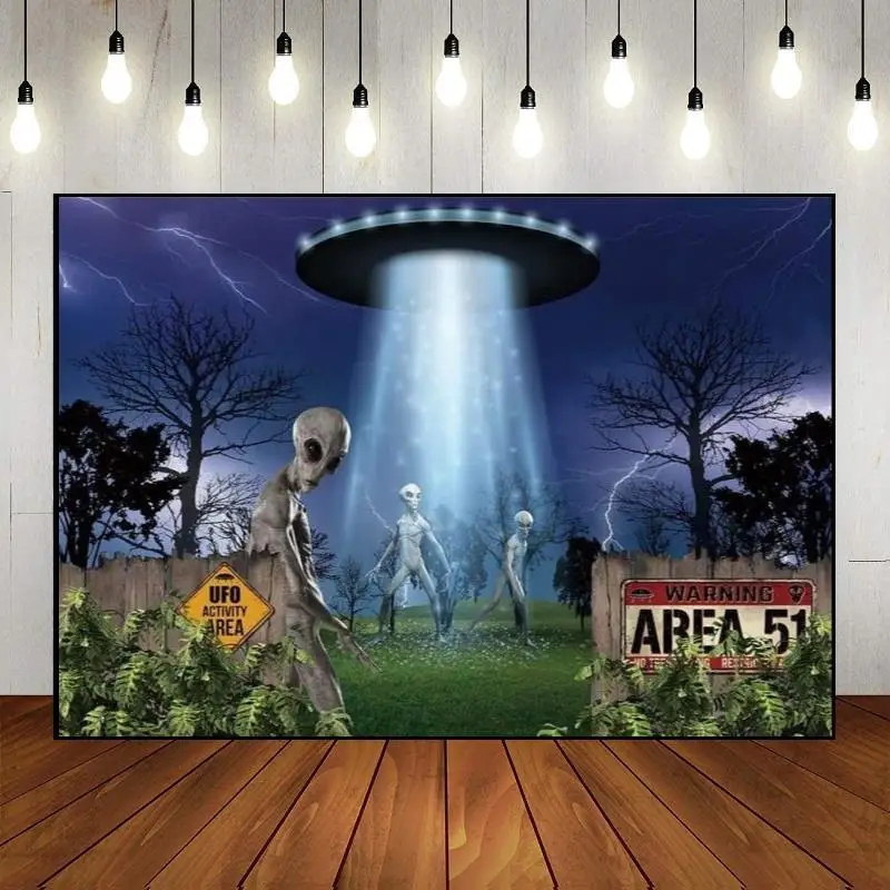 Saucer UFO Theme Spaceship Flying Science Alien Spacecraft Background Happy Birthday Decoration Banner Custom Backdrop Photo