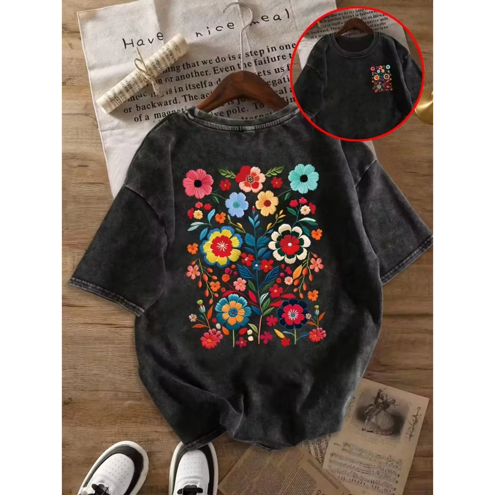Flower Print Retro Washed T Shirt Loose Round Neck Fashion Women's Wash Short Sleeve Burning-out Printing Women's T-shirt