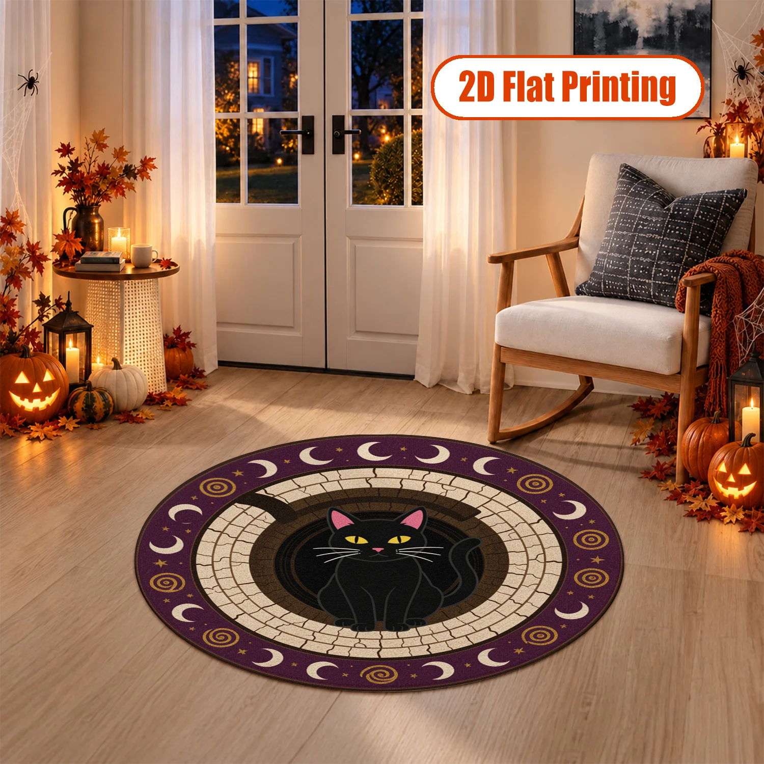 Black Cat Moon Phase Design Round Velvet Rug Machine Washable for Living Room Bedroom Entryway Dining Area Halloween Thanksgiving Christmas New Year
