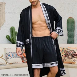Men Pajama 2PCS Robe Set Spring Summer New Silk Satin Sleepwear Kimono Bathrobe Gown Loose Casual Home Clothing Loungewear