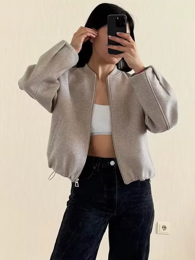 SLTNX Elegant Women Bomber Jacket Long Sleeve Zipper Oversize 2026 Winter Loose Coat Female Crop Top Outwear Grey Top