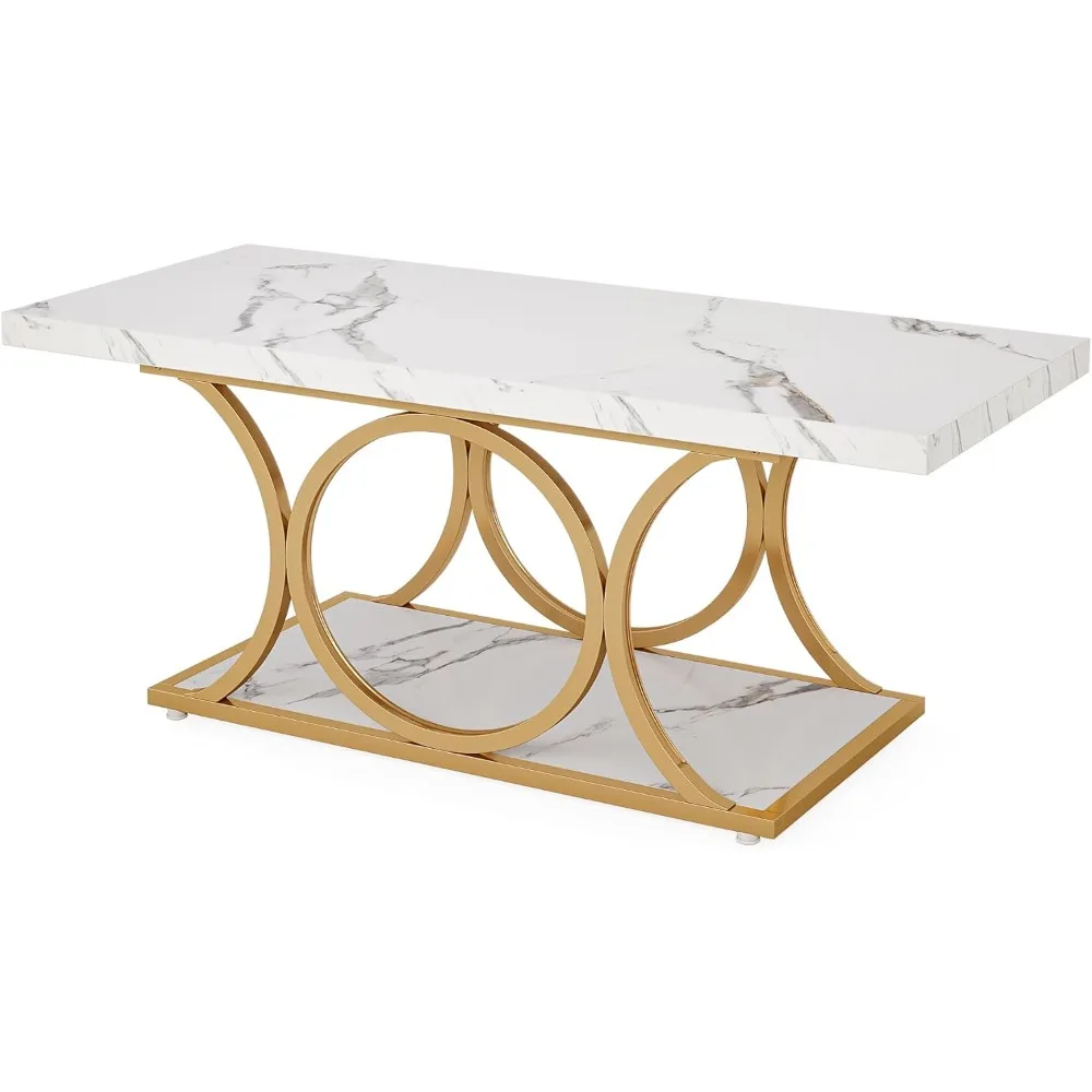 Mesa de centro retangular moderna de 46,45 polegadas com tampo de mármore falso de 2 camadas para sala de estar