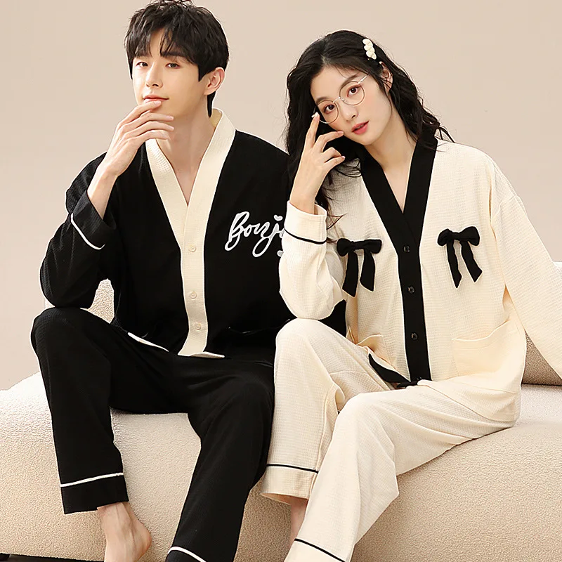 

Lovers Women Cotton Pajamas Cardigan Kimono Pajama Sets Sleepwear Long Sleeve Tops + Pants Pajamas Home Clothing Men Pyjamas