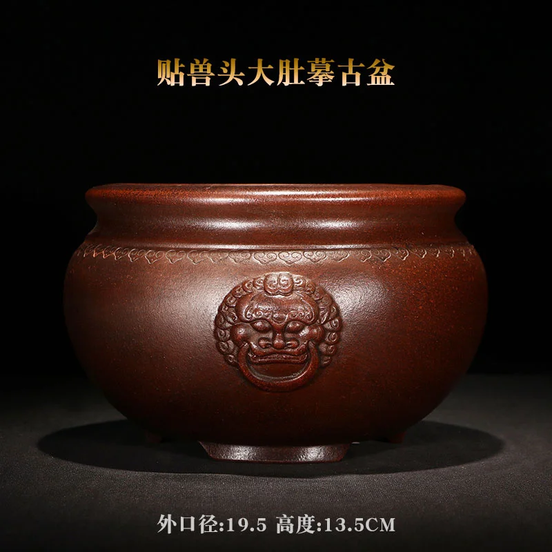 Ceramic Carved Lion-Ring Bonsai Pot, Hand Chinese Garden, Home Table Decoration