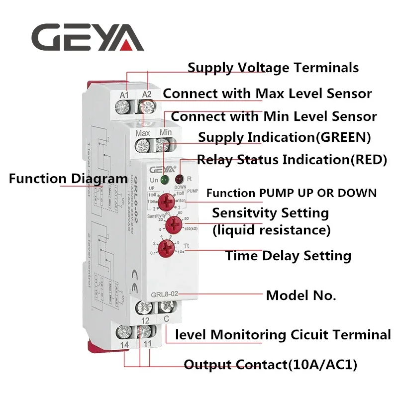 GRL8 Liquid Level Control Relay 10A Electronic Liquid Level Controller wirh Sensor AC/DC24V-240V GEYA