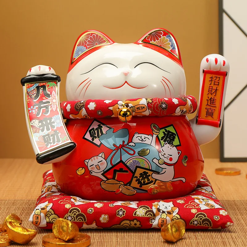 6.5/7.5Inch Lucky Cat Decoration Feng Shui Fortune Cat Ceramic Electric Hand Treasure Shop Gift Good Luck Home Festive Craft