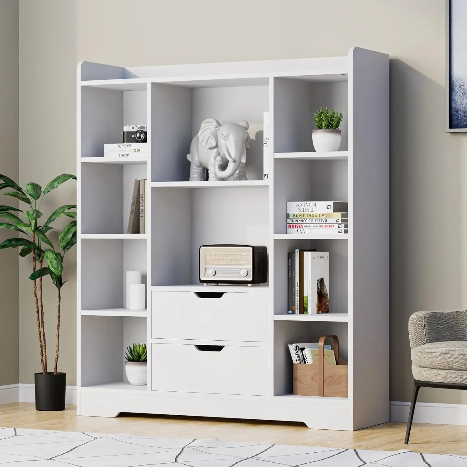 Cozy Castle White Bookshelf, 4-Tier Open Shelf Bookcase with 2 Drawers and 10 Cubes, Wood Cube Storage Organizer Shelf for