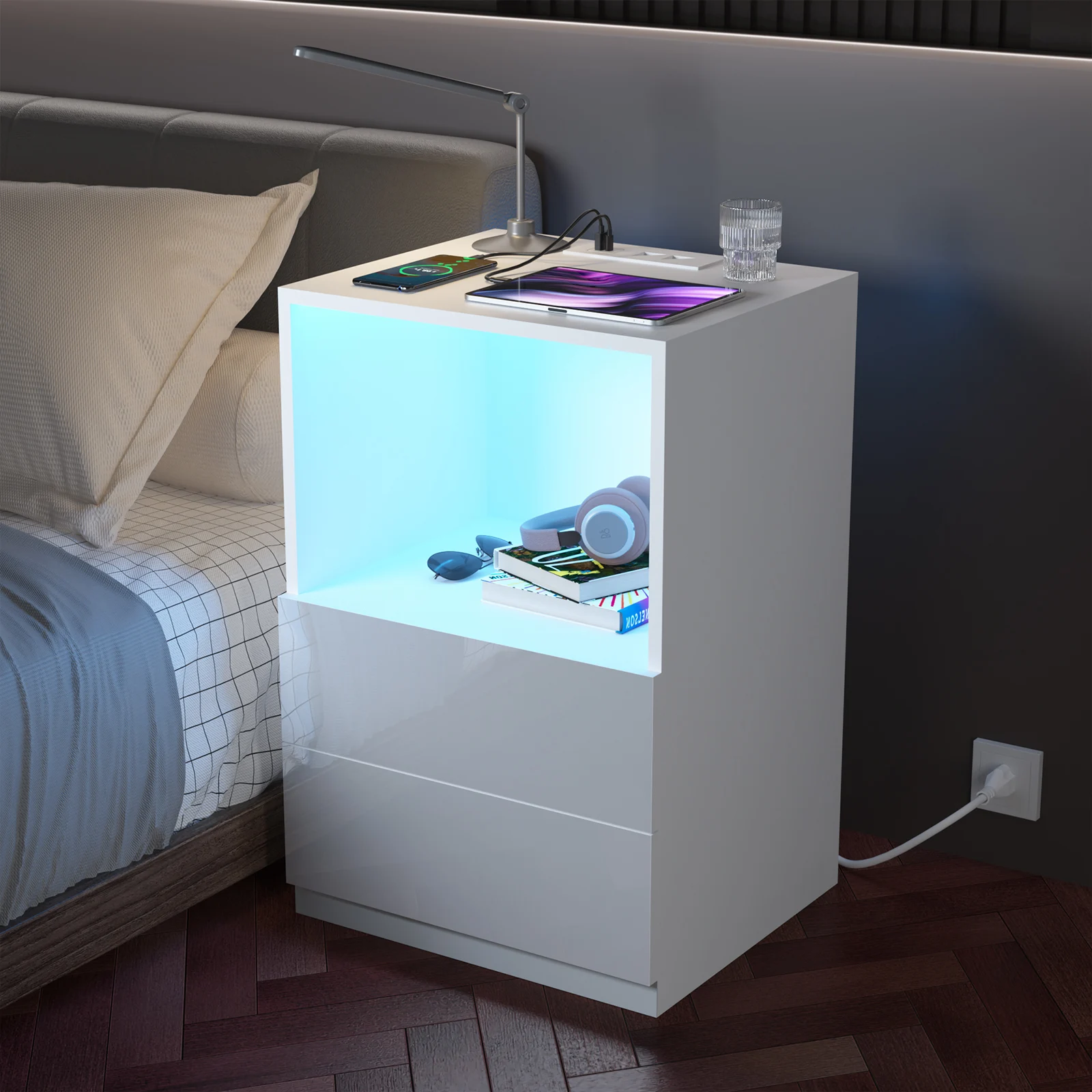 Nightstands With Remote Control 2 Drawers 16 Color LED Lights 29 Modes Storage Cabinet Brightness Adjustment Bedroom Nightstands