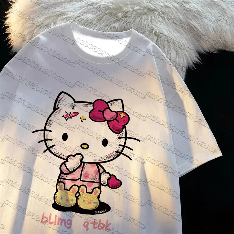 

Sanlio Hello Kitty Cartoon Pattern Academy Style 3D Adult and Children's T-shirt Fashion Summer Y2K Parent Child Short Sleeve