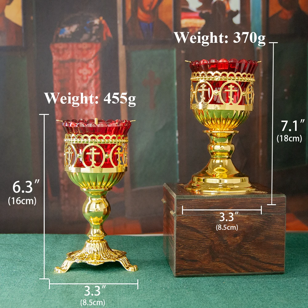 Orthodox Cross Vigil Lamp Gold Plated Church Home Table Candle Stick Glass Cup Religion Decor Лампада настольная со стаканчиком