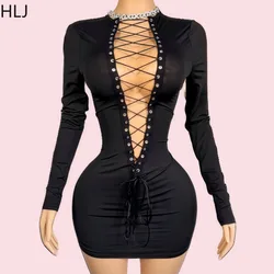 HLJ Sexy Hollow Out Bandage Patchwork Mini Dress Women Long Sleeve Lace-up Bodycon Dresses Female Midnight Clubwear Vestidos New