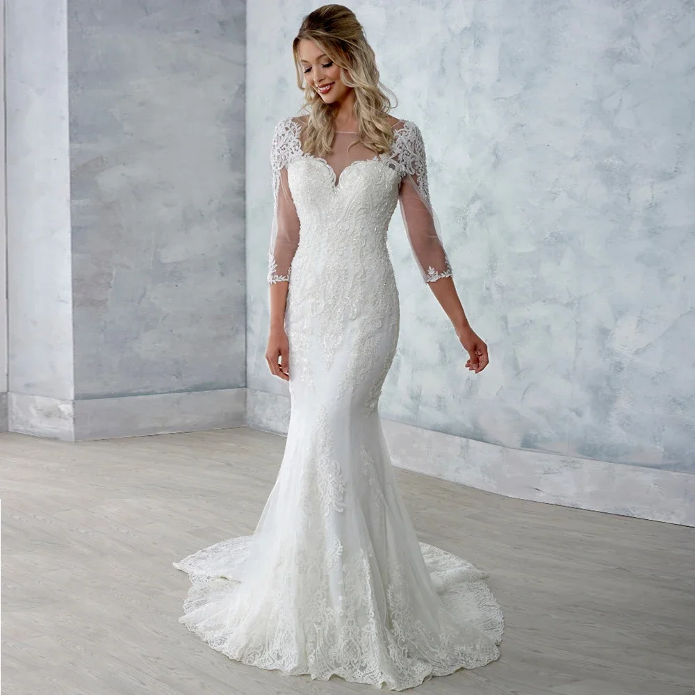 

Charming Wedding Dress Customized Illusion Sccop Neck 3/4 Sleeve Appliques Mermaid Bridal Gowns Sweep Train Backless Bridal