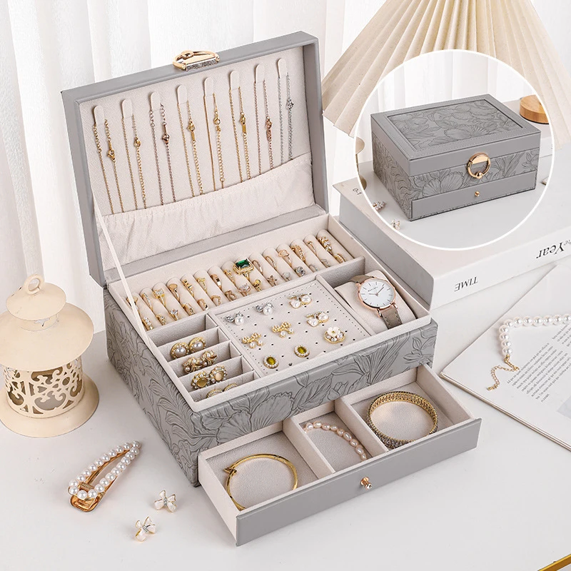 

Jewelry PU Leather Ring Necklace Box Mirror Storage Box Portable Case Bracelets Storage European Style Wedding Travel Leather